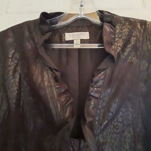 Conrad C Iridescent Chocolate Brown Animal Print Ruffle Faux Suede Jacket Size 6